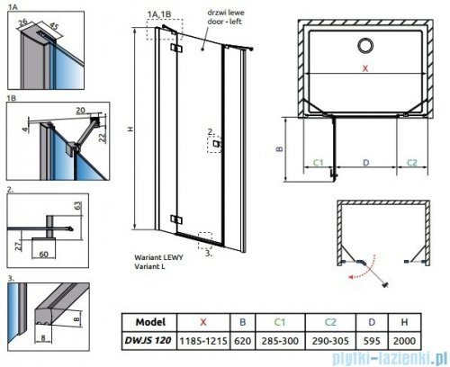 Radaway Essenza New DWJS drzwi wnękowe 120cm lewe szkło przejrzyste 385031-01-01L/384090-01-01