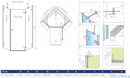 Radaway Essenza Pro Brushed Copper Ptj kabina pięciokątna 80x90 prawa szczotkowana miedź 10100000-93-01R/10100400-01-01