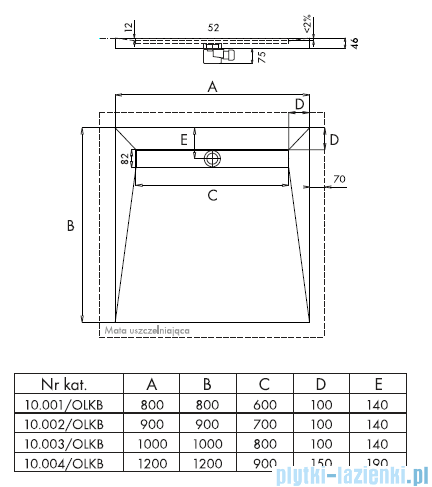 Schedpol Brodzik posadzkowy podpłytkowy z odpływem liniowym 120x120x5/12cm 10.004/OLKB