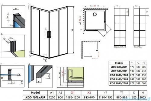 Radaway Idea Black Kdd Factory kabina prysznicowa 120x90cm czarny mat/szkło przejrzyste 387064-54-55L/387060-54-55R