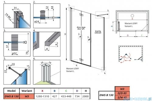 Radaway Nes Brushed Copper DWSB drzwi wnękowe 130cm W3 lewe szczotkowana miedź szkło przejrzyste 10044850-93-01L/10045450-01-01