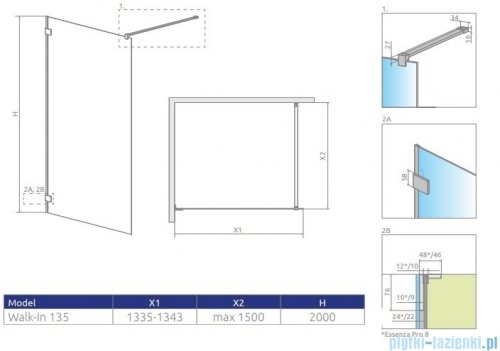 Radaway Essenza Pro 8 Gold 135x200 kabina Walk-in złoty połysk/szkło przejrzyste 1012135-09-01