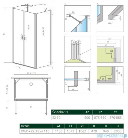 Radaway Nes DWD+2S kabina 90x110x90cm szkło przejrzyste rysunek techniczny