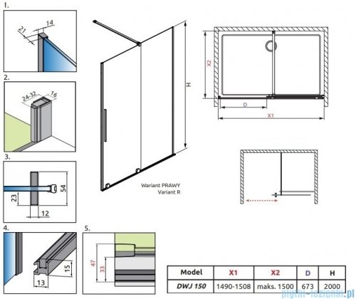 Radaway Furo Brushed Nickel DWJ drzwi prysznicowe 150cm prawe szczotkowany nikiel 10107772-91-01R/10110730-01-01