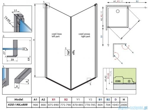 Radaway Nes 6 Kdd I Brushed Light Gold kabina 90x80cm szczotkowane jasne złoto 10021090-98-01L/10021080-98-01R