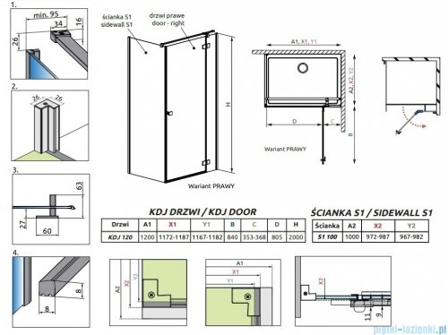 Radaway Essenza Kdj Gold kabina 120x100cm prawa szkło przejrzyste 1385042-09-01R/1384052-01-01