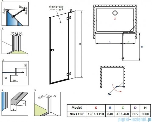Radaway Essenza Gold Dwj drzwi wnękowe 130cm prawe złoty połysk/szkło przejrzyste 1385017-09-01R