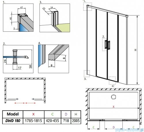 Radaway Idea 6 DWD Brushed GunMetal drzwi wnękowe 180cm szczotkowany grafit 387128-92-01