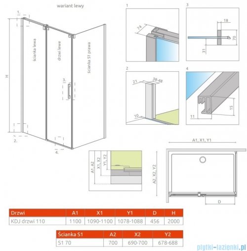 Radaway Espera KDJ Kabina 110x70 lewa szkło przejrzyste 380545-01L/380231-01L/380147-01R