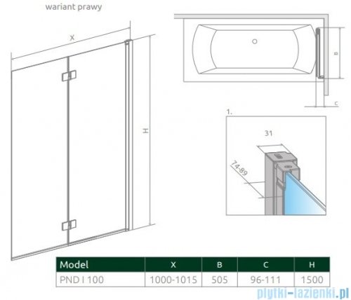 Radaway Nes Pnd I Brushed Gold parawan nawannowy 100cm prawy szczotkowane złoto 10010100-99-01R