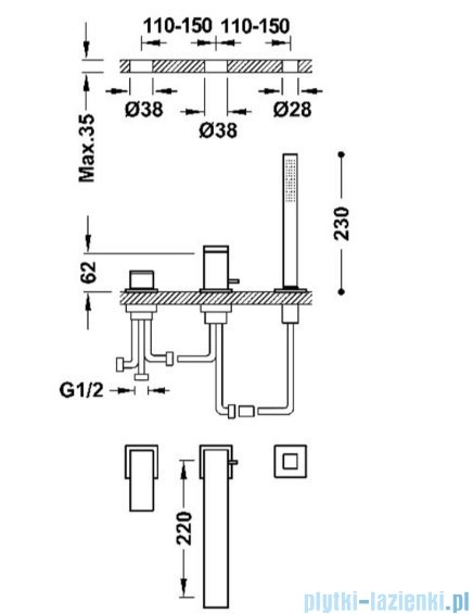 Tres CUADRO Bateria wannowa jednouchwytowa 3-otworowa złota 00616103OR