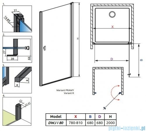 Radaway Nes 8 Black Dwj I Frame Drzwi wnękowe 80cm prawe czarny mat/szkło przejrzyste 10076080-54-56R