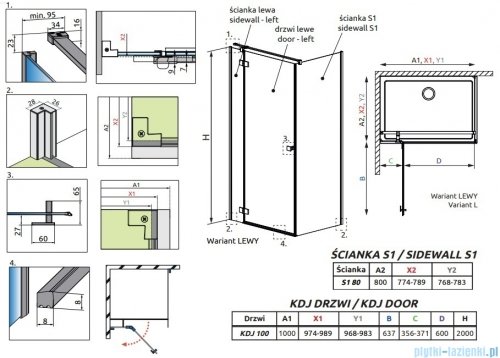 Radaway Essenza 8 Brushed GunMetal Kdj kabina 100x80cm lewa szczotkowany grafit 10480612-01-01L/10470337-92-01L/10113080-01-01