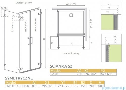 Radaway Arta Dwd+s kabina 80x70cm prawa szkło przejrzyste 386180-03-01R/386055-03-01L/386109-03-01