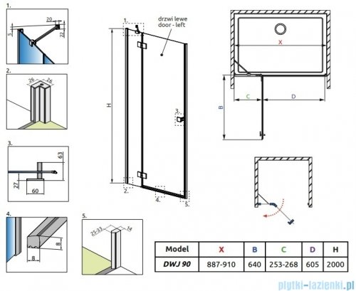 Radaway Essenza Brushed GunMetal Dwj drzwi wnękowe 90cm lewe szczotkowany grafit/szkło przejrzyste 1385013-92-01L