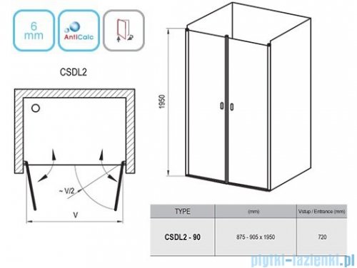 Ravak Chrome CSDL2 drzwi prysznicowe 90cm białe transparent 0QV7C10LZ1