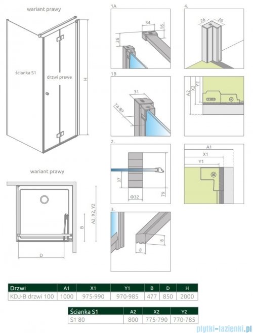 Radaway Nes KDJ B kabina 100x80 prawa przejrzyste 10025100-01-01R/10039080-01-01