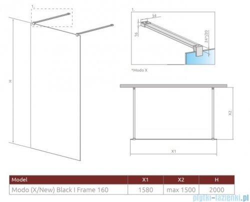 Radaway Modo X Black I Frame kabina Walk-in 160x200 szkło 10mm 388364-54-58