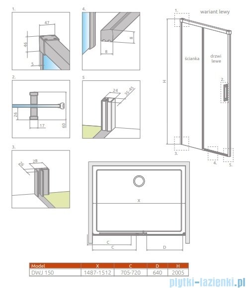 Radaway Idea Black 8 Dwj drzwi wnękowe 150cm lewe czarny mat/szkło przejrzyste 10330770-54-01L/10350703-01-01