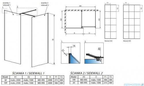 Radaway Modo New Black III kabina Walk-in 50x100x200 Factory rysunek techniczny