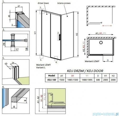 Radaway Idea Kdj drzwi 150cm lewe szkło przejrzyste 387045-01-01L