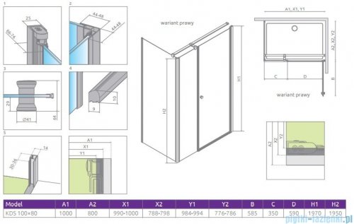 Radaway Eos KDS kabina prysznicowa 100x80 prawa szkło przejrzyste 37550-01-01NR