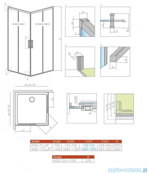 Radaway Idea Kdd Brushed GunMetal kabina 75x110cm szczotkowany grafit 387066-92-01L/387063-92-01R