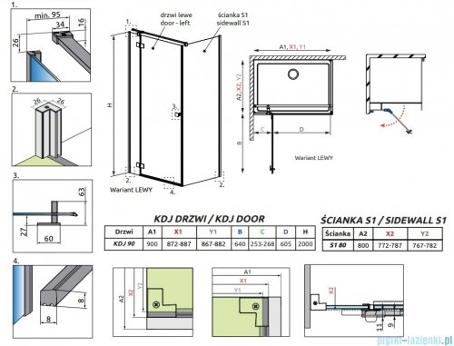 Radaway Essenza Kdj Gold kabina 90x80cm lewa szkło przejrzyste 1385044-09-01L/1384051-01-01