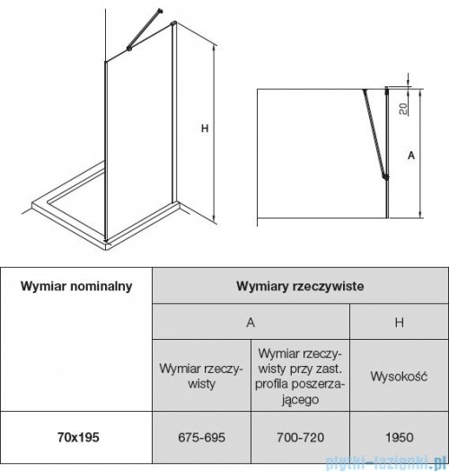 Roca Capital ścianka kabina walk-in 70x195cm przejrzyste rysunek techniczny