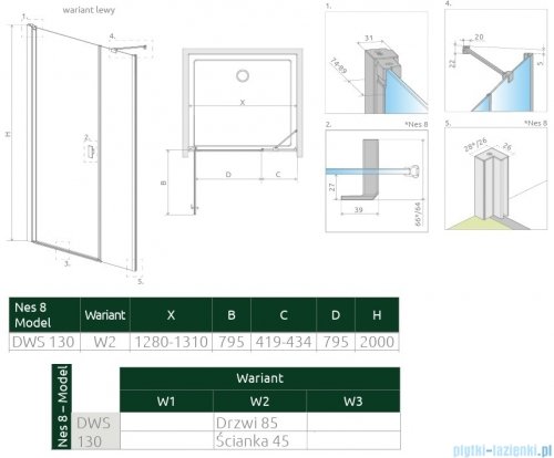 Radaway Nes 8 Black Dws I drzwi wnękowe 130cm W2 lewe czarny mat szkło przejrzyste 10078120-54-01L+10078112-01-01