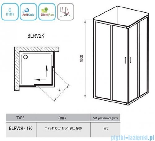Ravak Blix BLRV2K drzwi prysznicowe 1/2 120cm aluminium grape Anticalc 1XVG0C00ZG