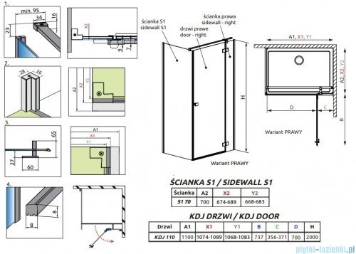 Radaway Essenza 8 Kdj kabina 110x70cm prawa szkło przejrzyste 10480712-01-01R/10470337-01-01R/10113070-01-01