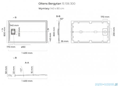 Oltens Bergytan brodzik prostokątny 140x80 cm RockSurface szary beton 15106700