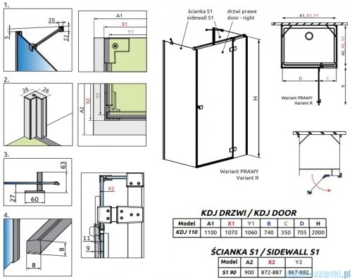 Radaway Essenza Brushed Gold Kdj+S kabina 90x110x90cm prawa szczotkowane złoto 1384050-01-01/1385023-99-01R/1384050-01-01