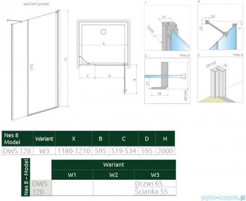 Radaway Nes 8 Black Dws I drzwi wnękowe 120cm W3 prawe czarny mat szkło przejrzyste 10078100-54-01R/10078113-01-01