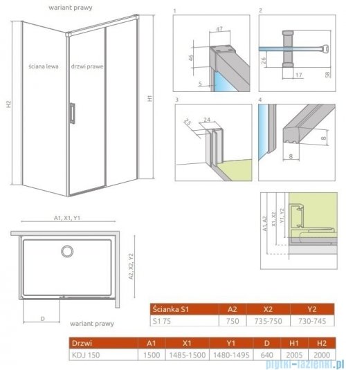 Radaway Idea Black Kdj kabina 150x75cm prawa szkło przejrzyste rysunek techniczny