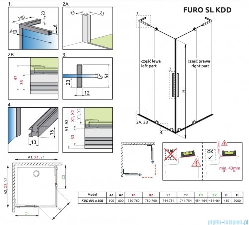 Radaway Furo SL Brushed Nickel KDD kabina 80x80cm szczotkowany nikiel 10305080-91-01L/10305080-91-01R