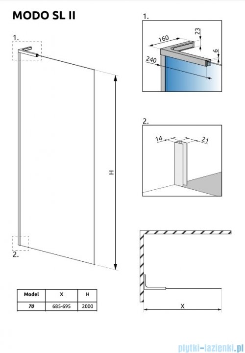 Radaway Modo SL II Brushed Nickel kabina Walk-in 70x200 lewa szczotkowany nikiel 10319074-91-01L