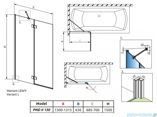 Radaway Essenza Pnd II parawan nawannowy 130cm lewy szkło przejrzyste 110002130-01-01L