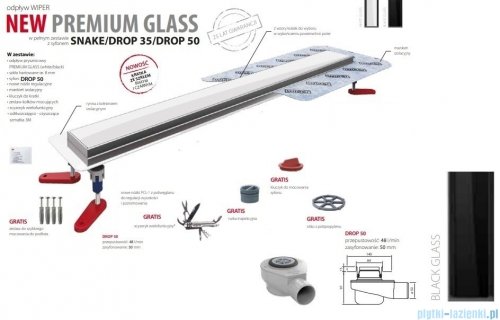 Wiper New Premium Black Glass Odpływ liniowy z kołnierzem 60 cm syfon drop 50 poler 500.0385.01.060