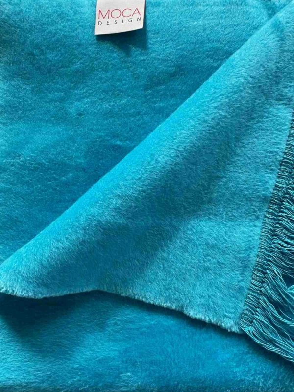 Koc Moca Design / frędzle - niebieski turkusowy