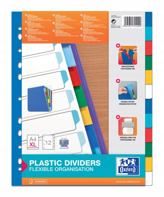 Przekładki do segregatora A4+ MAXI 12 sztuk PP kolorowe 100205086 OXFORD