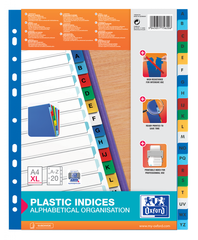 Przekładki A4 MAXI A-Z kolor PP alfabetyczne 100204733 OXFORD