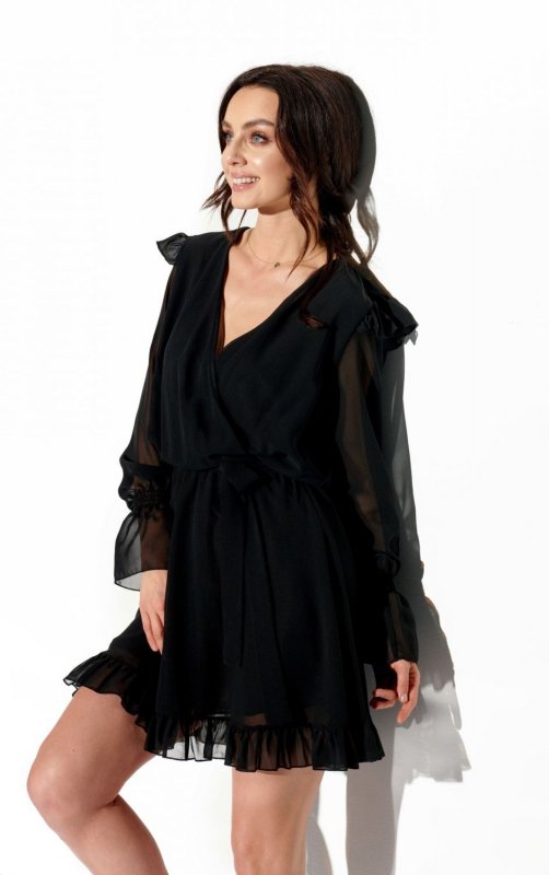 Szyfonowa sukienka z jedwabiem i kopertowym dekoltem kolor L324 czarny