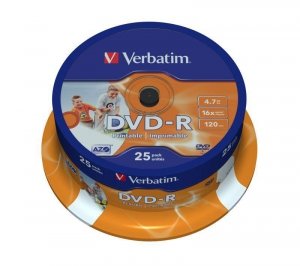 Płyty DVD-R Verbatim 16x 4.7GB (Cake 25) WIDE PRINTABLE