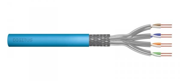 Kabel teleinformatyczny instalacyjny DIGITUS kat.6A, S/FTP, Eca, drut, AWG 23/1, LSOH, 100m, niebieski, ofoliowany