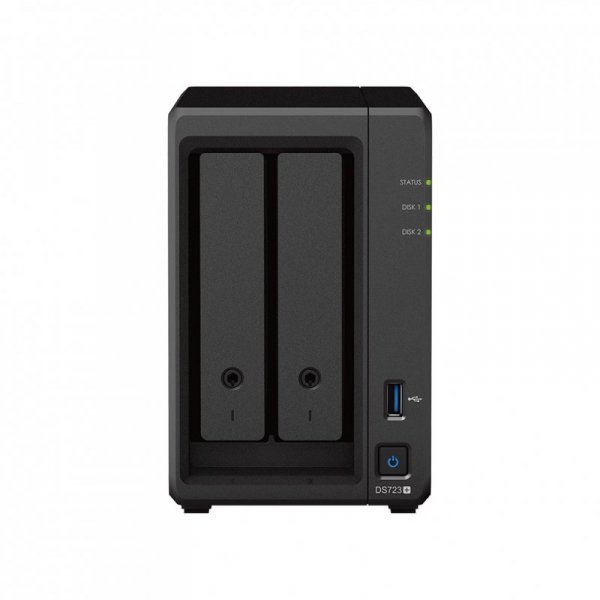 NAS Synology DS723+; Tower; 2x (3.5&quot; SATA HDD); AMD Ryzen R1600;,2GB DDR4 ECC (max. 32GB), 2x 1GbE RJ-45
