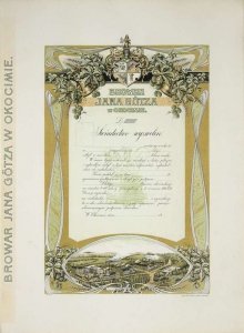 [GOETZ] GÖTZ Jan Albin. Niewypełniony blankiet świadectwa wyzwolin wystawiony przez Browar Jana Götza [Goetza] w Okocimiu z pocz. XX w.