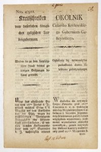 OKÓLNIK Cesarsko Królewskiego Gubernium Galicyiskiego. Ogłaszaią się teraznieysze posiadłości domu Elektora palatyńskiego [...].