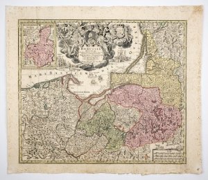 [PRUSY]. Borussiae Regnum sub fortissimo Tutamine et juristissimo Regimine [...] Friderici Wilhelmi [...] cum adjacentib. Regionibus mappa Geographica delineatum. Miedzioryt kolorowany form. 48,8x56,7 cm